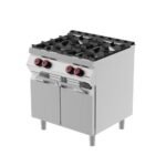 Cuisinière à gaz 4 brûleurs ouverts sur meuble avec porte battante